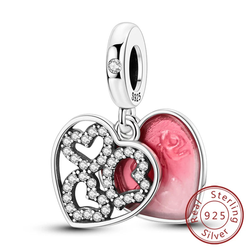 Original 925 Sterling Silver Charm Bead Heart Lovers Valentine's Day Charm Fit Charm Bracelet Pendant Women Jewelry Gift