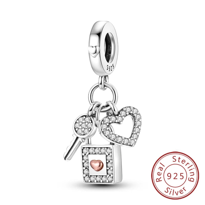 Original 925 Sterling Silver Charm Bead Heart Lovers Valentine's Day Charm Fit Charm Bracelet Pendant Women Jewelry Gift