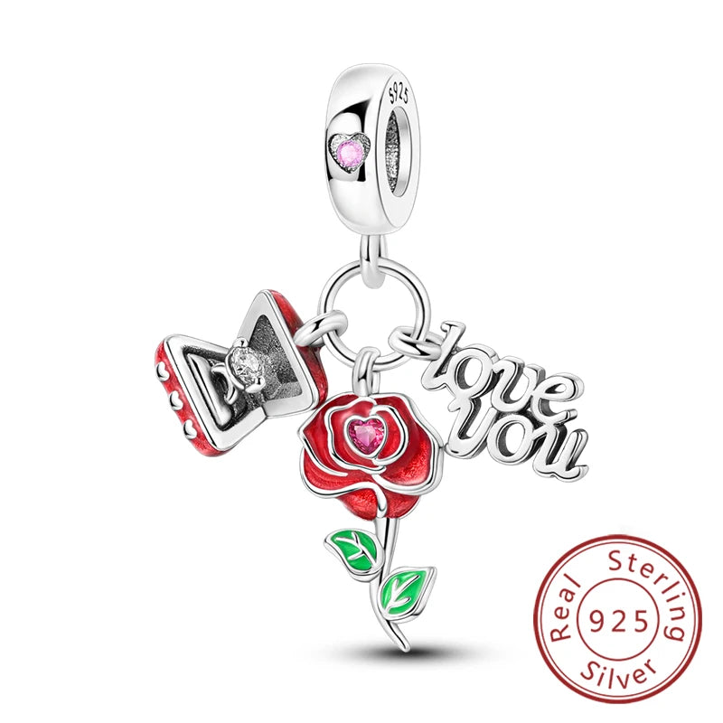 Original 925 Sterling Silver Charm Bead Heart Lovers Valentine's Day Charm Fit Charm Bracelet Pendant Women Jewelry Gift