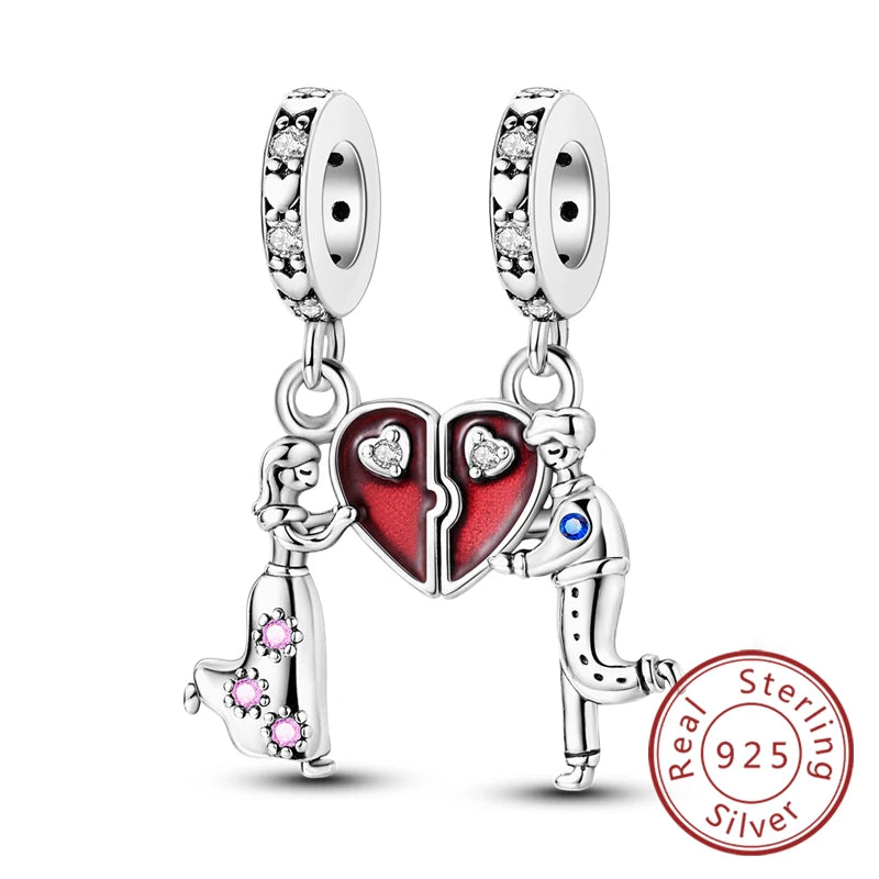 Original 925 Sterling Silver Charm Bead Heart Lovers Valentine's Day Charm Fit Charm Bracelet Pendant Women Jewelry Gift
