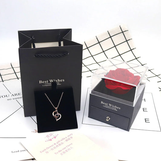 Heart-Shaped Red Rose Necklace with Gift Box - Valentine's Day, Anniversary, Birthday, Mother's Day Gift for Women, Mom, Wife