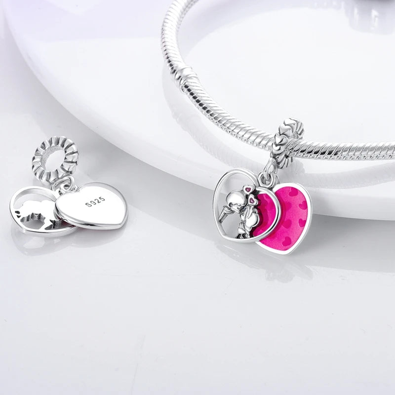 Original 925 Sterling Silver Charm Bead Heart Lovers Valentine's Day Charm Fit Charm Bracelet Pendant Women Jewelry Gift