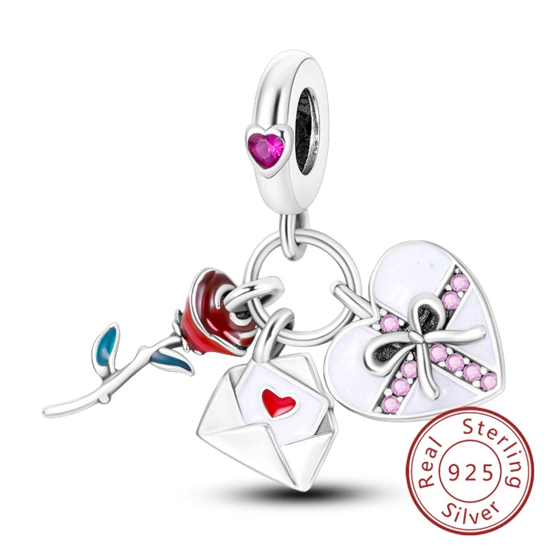 Original 925 Sterling Silver Charm Bead Heart Lovers Valentine's Day Charm Fit Charm Bracelet Pendant Women Jewelry Gift