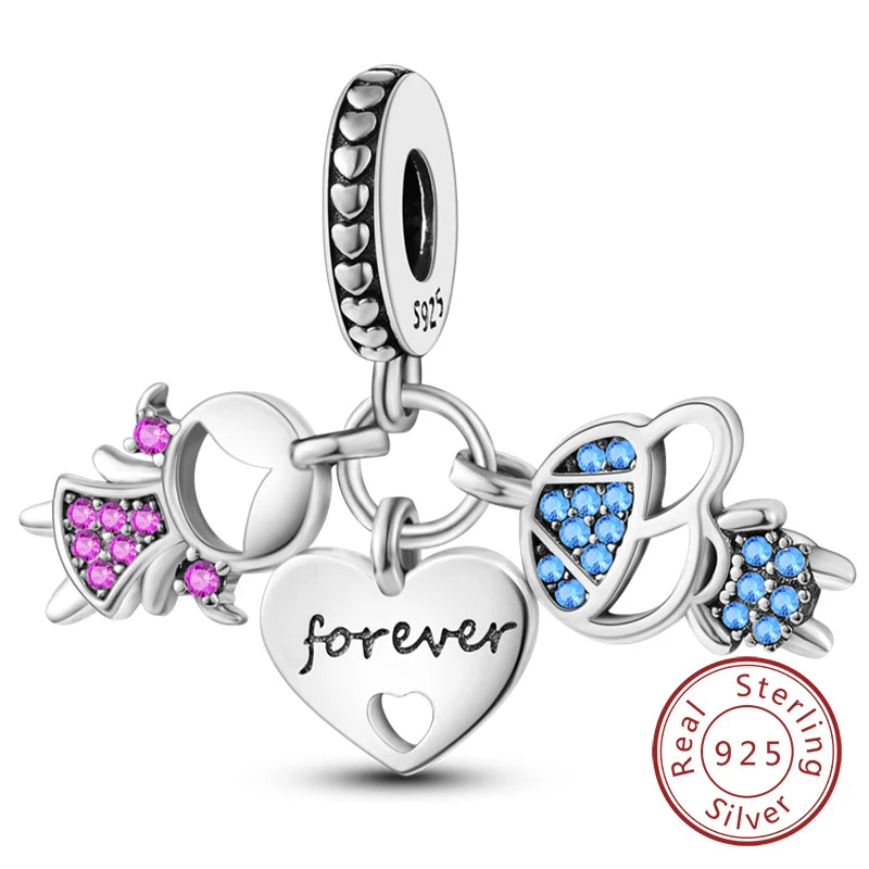 Original 925 Sterling Silver Charm Bead Heart Lovers Valentine's Day Charm Fit Charm Bracelet Pendant Women Jewelry Gift