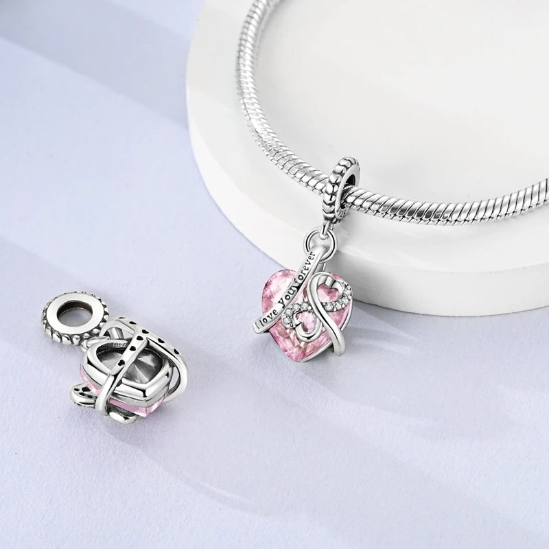 Original 925 Sterling Silver Charm Bead Heart Lovers Valentine's Day Charm Fit Charm Bracelet Pendant Women Jewelry Gift