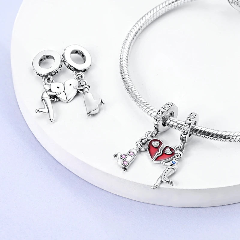 Original 925 Sterling Silver Charm Bead Heart Lovers Valentine's Day Charm Fit Charm Bracelet Pendant Women Jewelry Gift