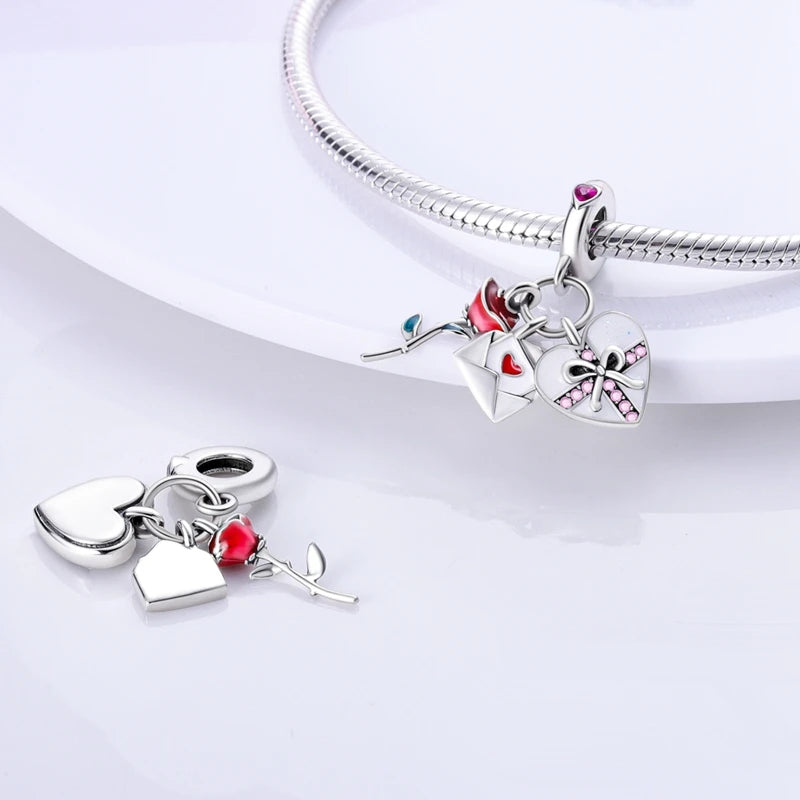 Original 925 Sterling Silver Charm Bead Heart Lovers Valentine's Day Charm Fit Charm Bracelet Pendant Women Jewelry Gift