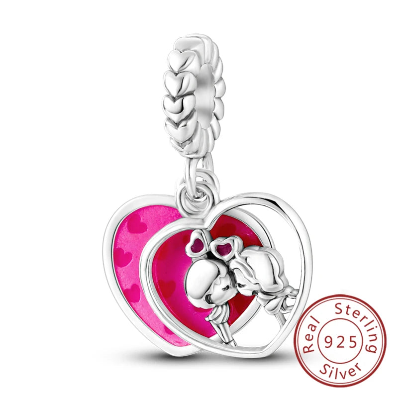 Original 925 Sterling Silver Charm Bead Heart Lovers Valentine's Day Charm Fit Charm Bracelet Pendant Women Jewelry Gift