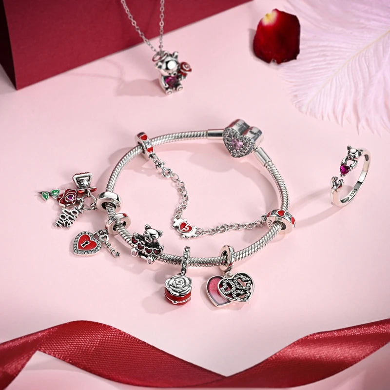 Original 925 Sterling Silver Charm Bead Heart Lovers Valentine's Day Charm Fit Charm Bracelet Pendant Women Jewelry Gift