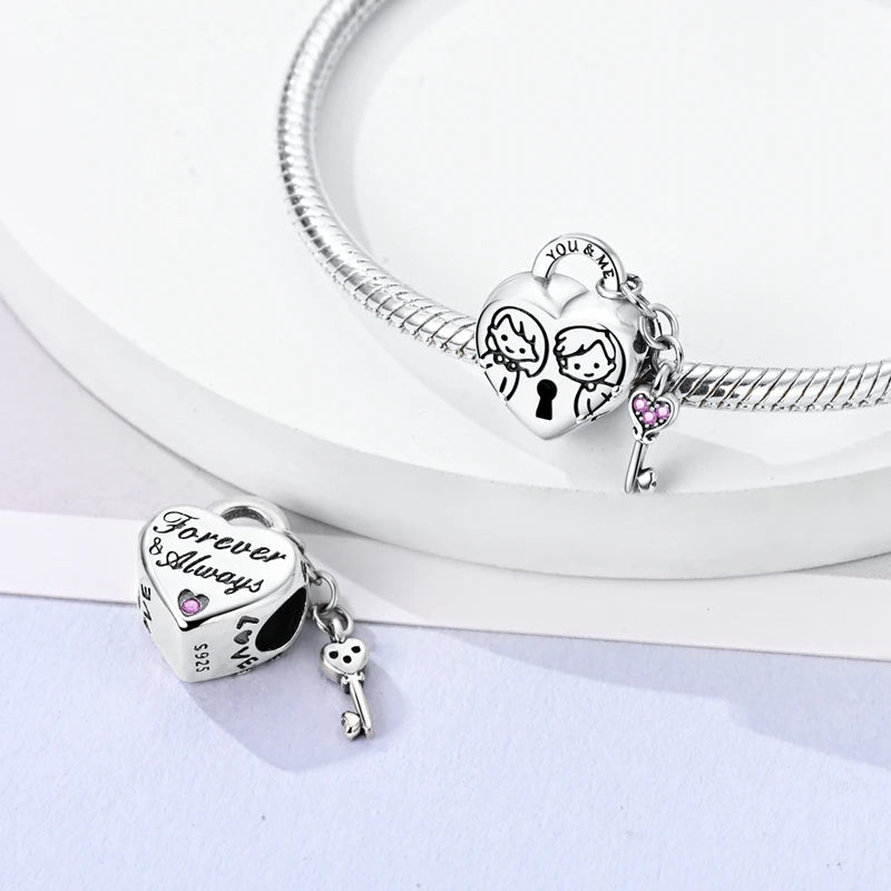 Original 925 Sterling Silver Charm Bead Heart Lovers Valentine's Day Charm Fit Charm Bracelet Pendant Women Jewelry Gift