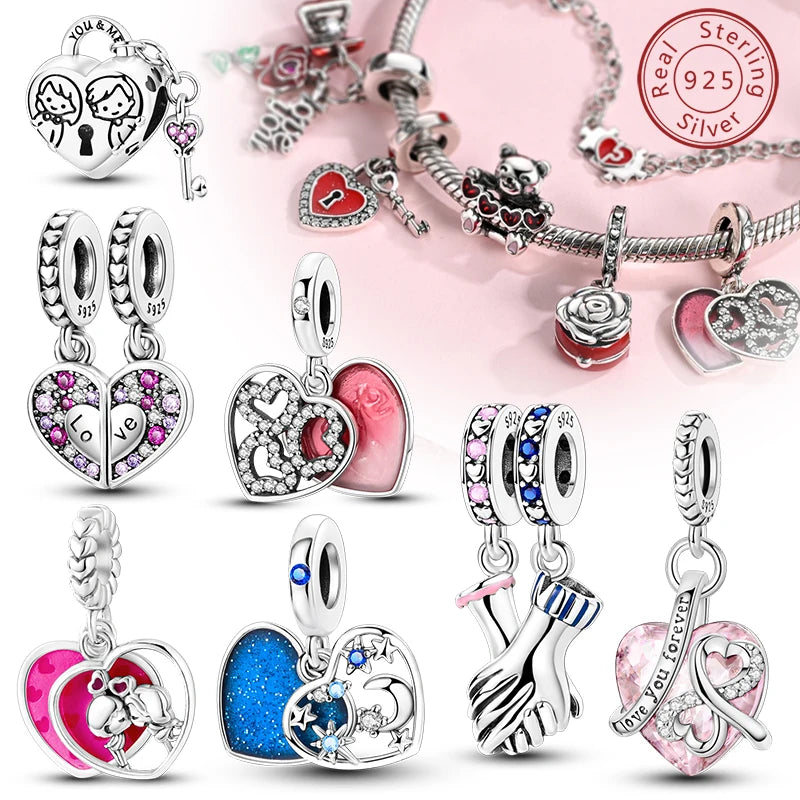 Original 925 Sterling Silver Charm Bead Heart Lovers Valentine's Day Charm Fit Charm Bracelet Pendant Women Jewelry Gift