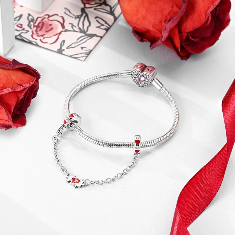 Original 925 Sterling Silver Charm Bead Heart Lovers Valentine's Day Charm Fit Charm Bracelet Pendant Women Jewelry Gift
